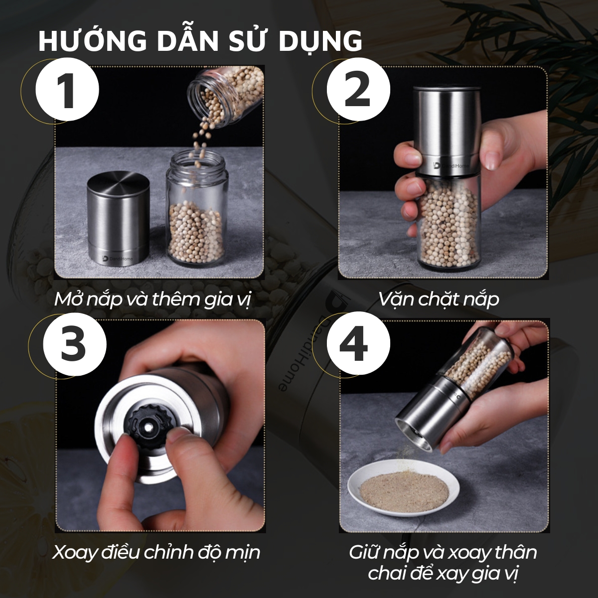 Mô tả Lọ xay tiêu cầm tay thủy tinh và inox 304 cao cấp DandiHome tiện lợi - 7