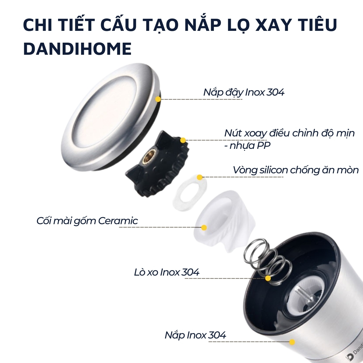 Mô tả Lọ xay tiêu cầm tay thủy tinh và inox 304 cao cấp DandiHome tiện lợi - 3