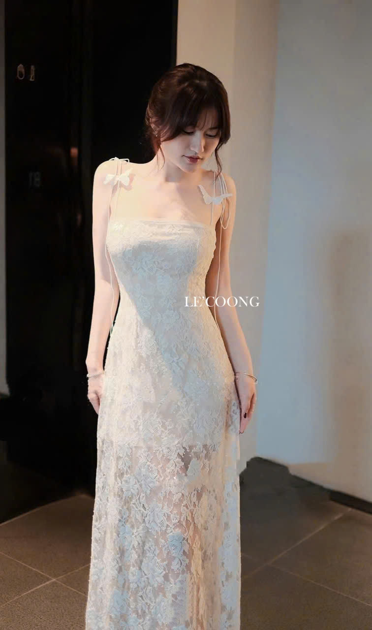 Mô tả Váy Tiểu Thư Hai Dây Dáng Dài Phối Ren Hoa LECOONG V766 Đầm Đẹp Đi Biển Màu Trắng Sang Chảnh - 2