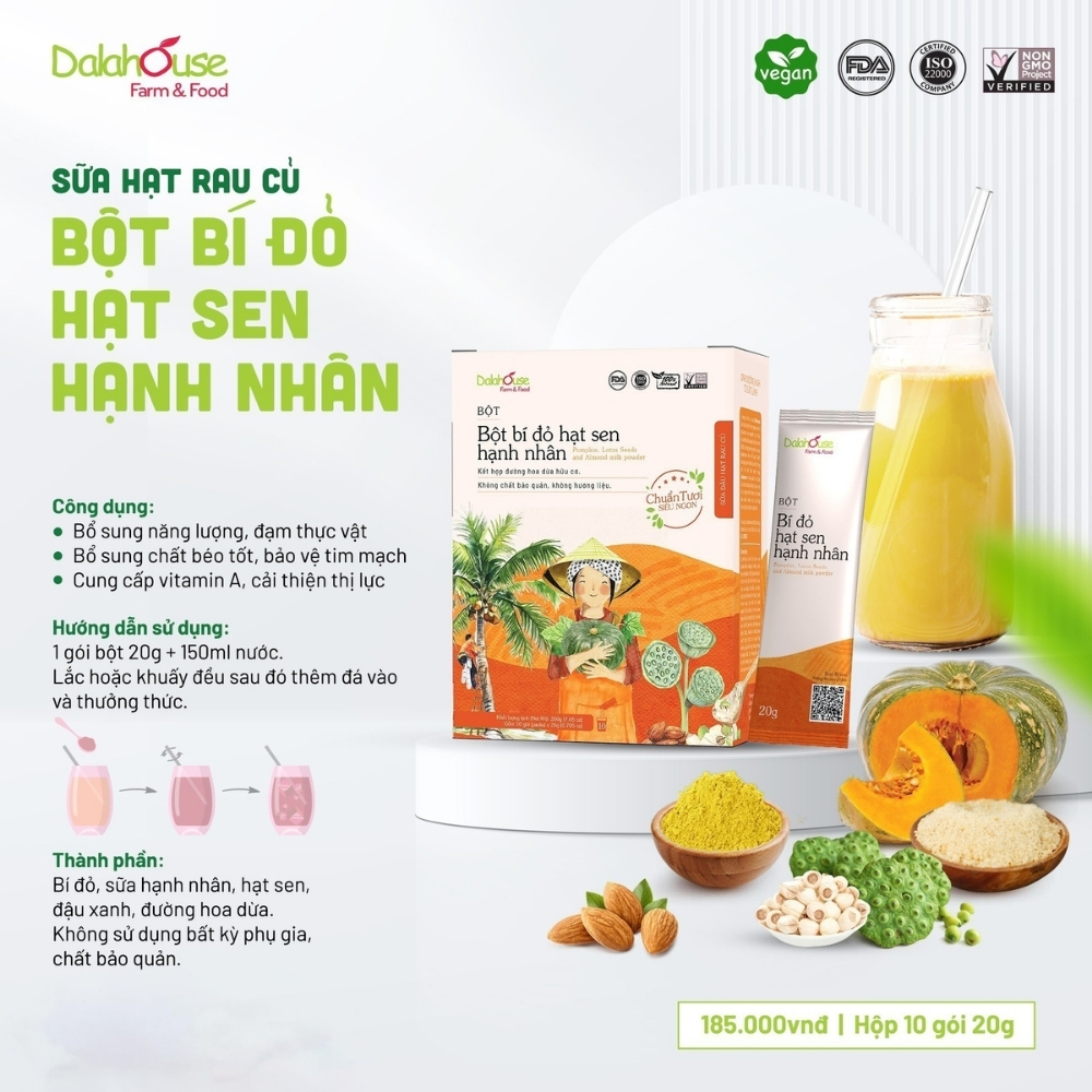 Mô tả Bột sữa hạt dinh dưỡng từ rau củ hữu cơ Dalahouse 200gr bí đỏ, hạt sen, hạnh nhân và củ dền đậu đỏ hạt điều - 4
