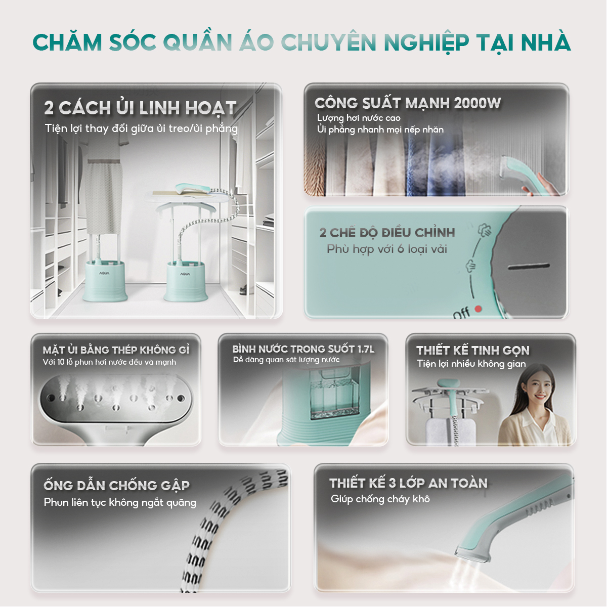 Mô tả Bàn ủi hơi nước đứng AQUA S2526T có thể ủi treo ủi phẳng, công suất 2000W, dung tích 1.7L - 2