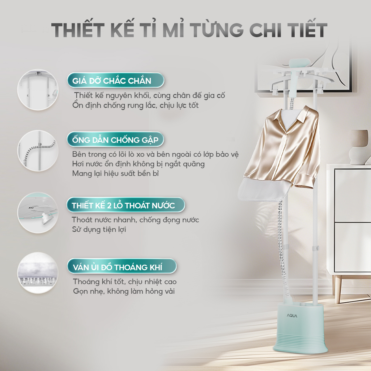 Mô tả Bàn ủi hơi nước đứng AQUA S2526T có thể ủi treo ủi phẳng, công suất 2000W, dung tích 1.7L - 9