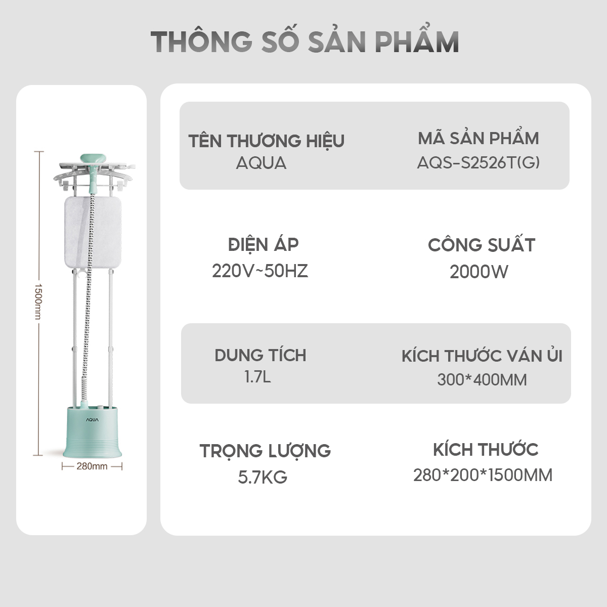 Mô tả Bàn ủi hơi nước đứng AQUA S2526T có thể ủi treo ủi phẳng, công suất 2000W, dung tích 1.7L - 12