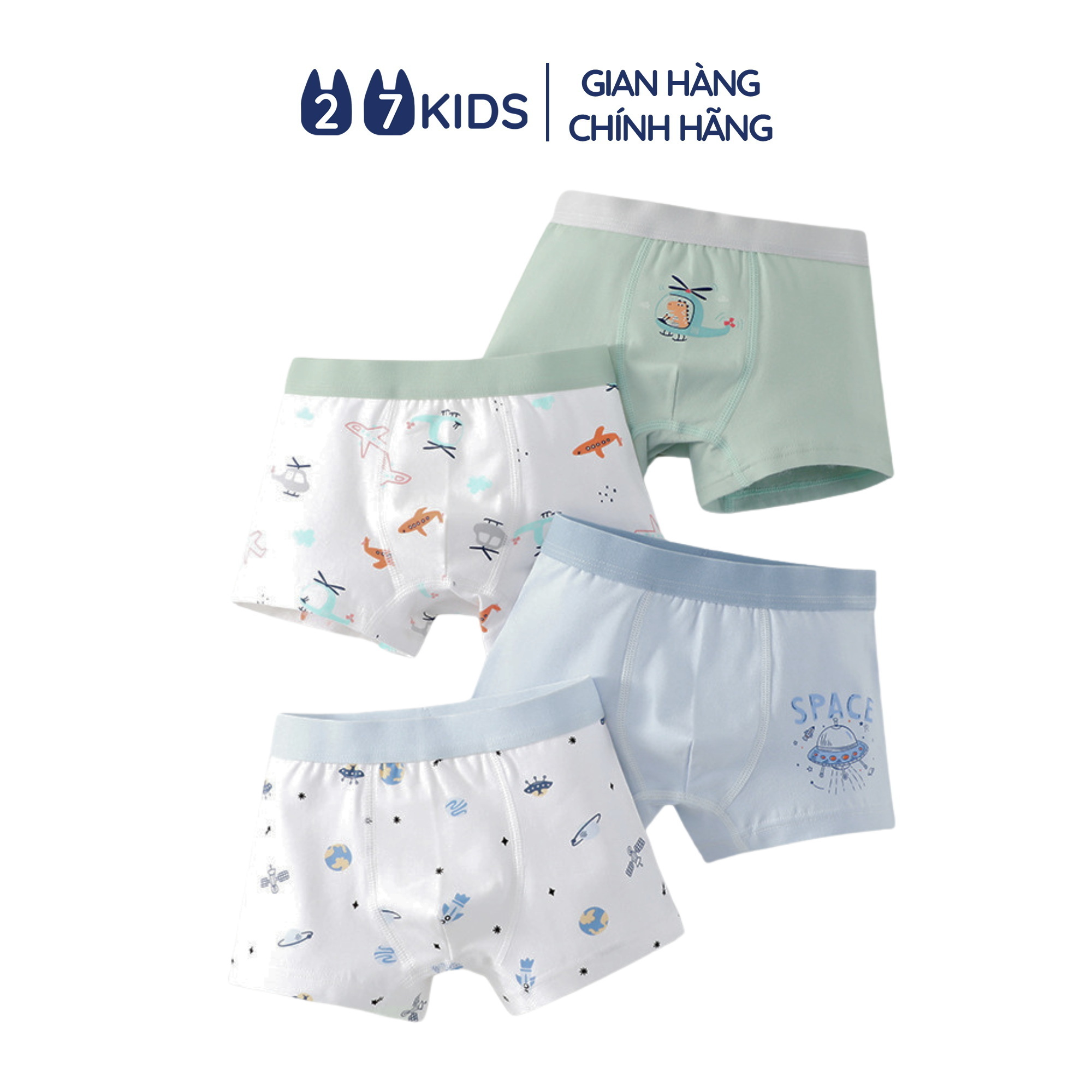 Mô tả Set 4 quần lót bé trai 27kids chip nam boxer vải khử khuẩn công nghệ mới họa tiết dễ thương BSUW3 - 1