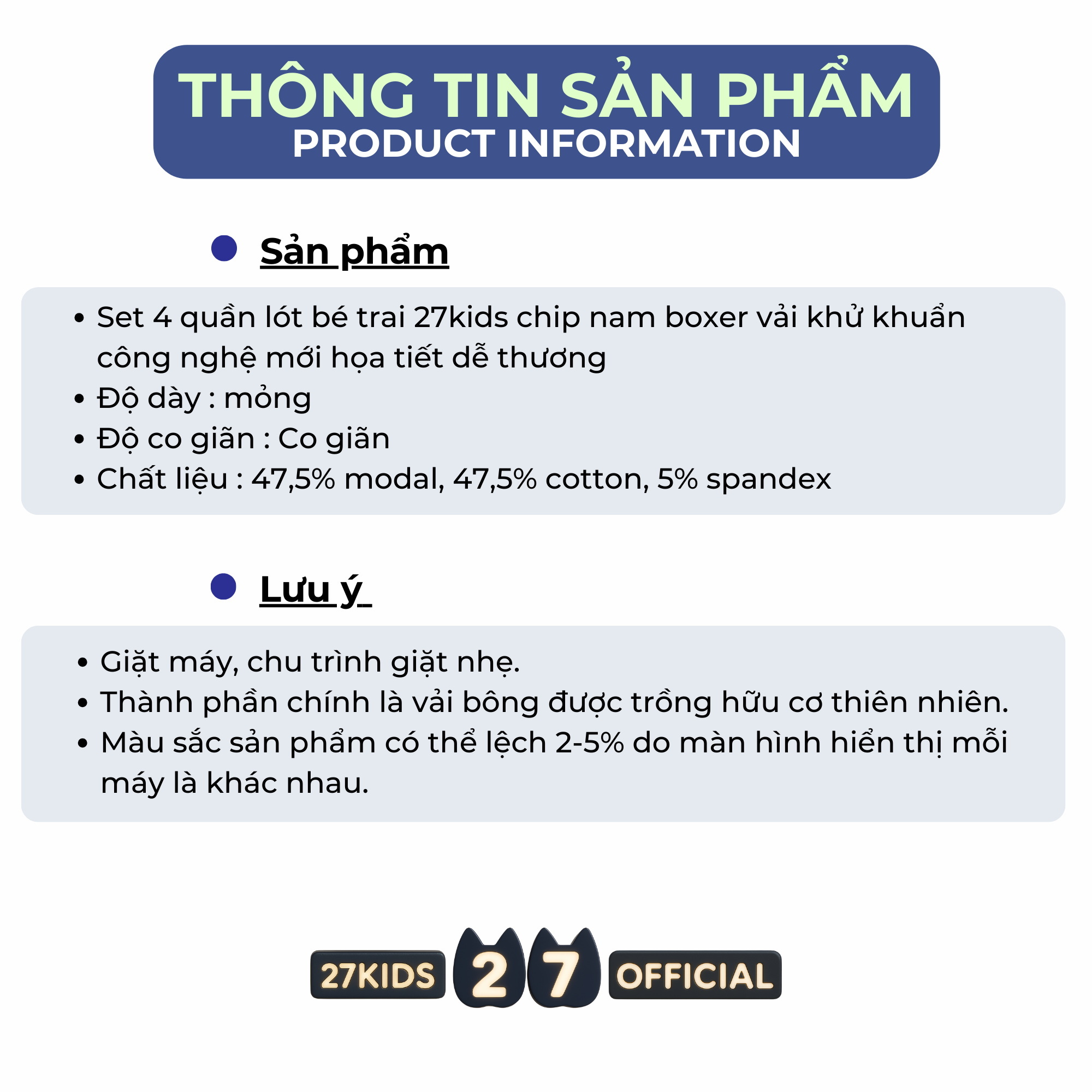 Mô tả Set 4 quần lót bé trai 27kids chip nam boxer vải khử khuẩn công nghệ mới họa tiết dễ thương BSUW3 - 4