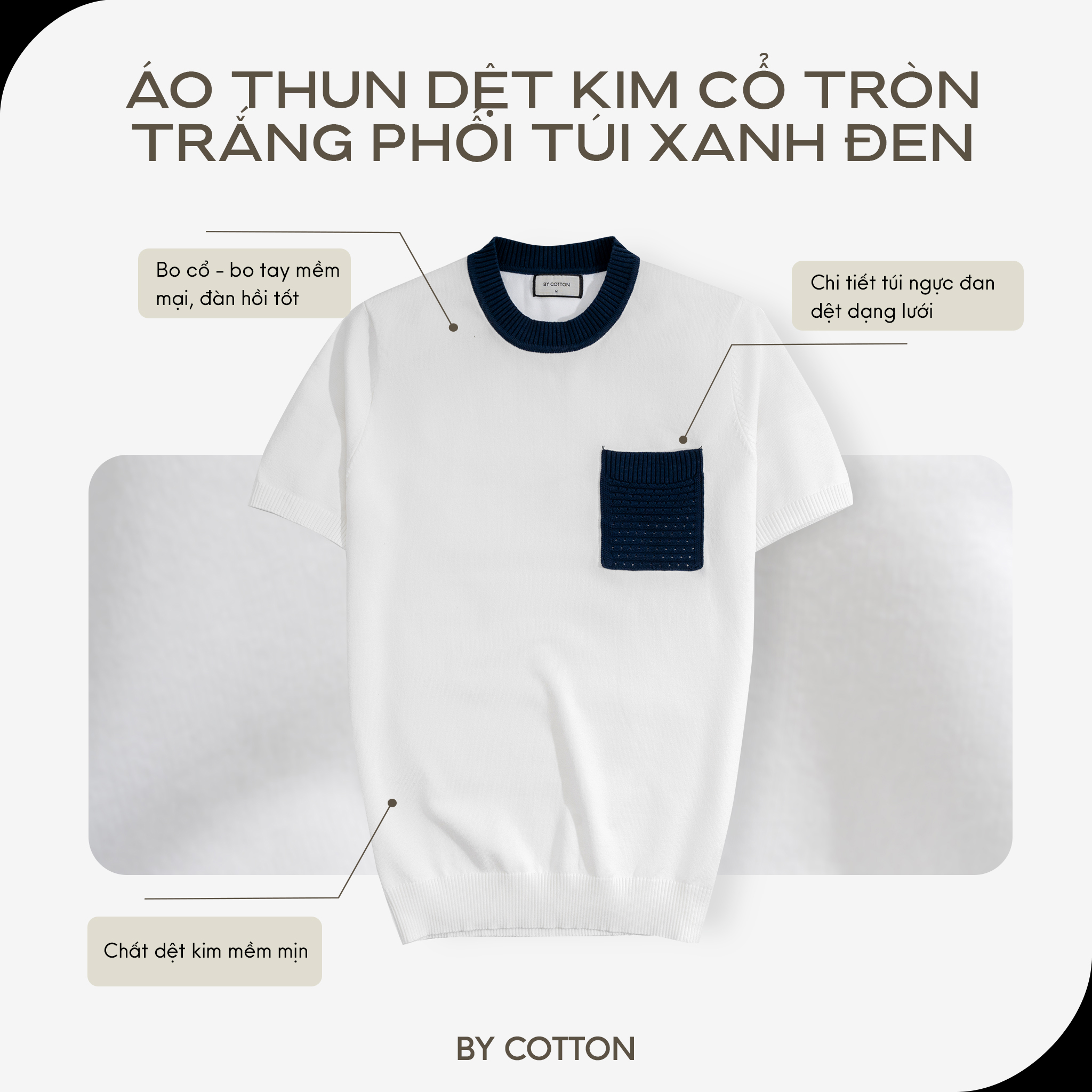 Mô tả Áo Thun Nam By Cotton Cao Cấp Dệt Kim Cổ Tròn - Trắng Phối Túi Xanh Đen - 1