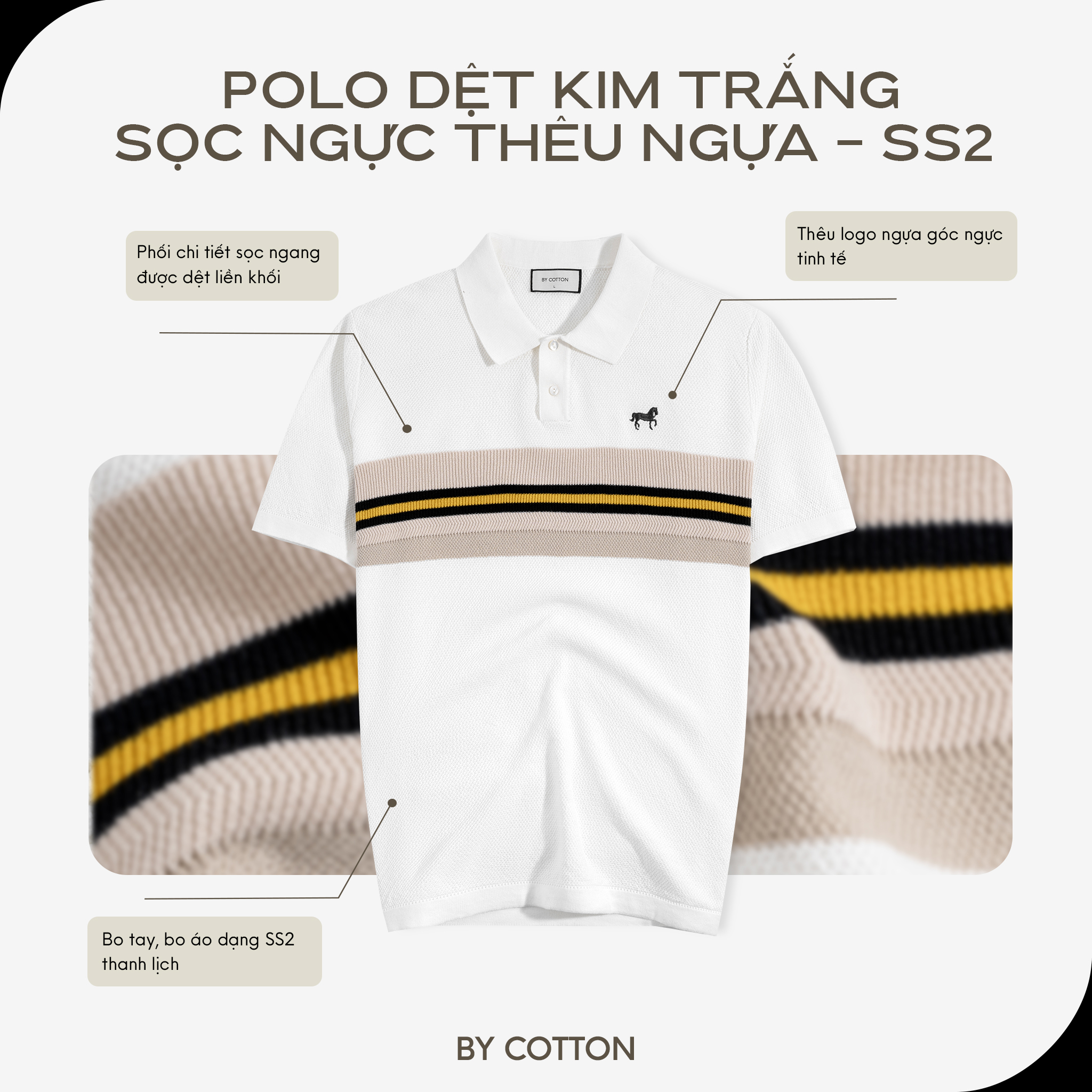 Mô tả Áo Thun Polo Nam Cao Cấp Dệt Kim Trắng - Xanh Đen Sọc Ngực Thêu Ngựa - SS2 By Cotton - 1
