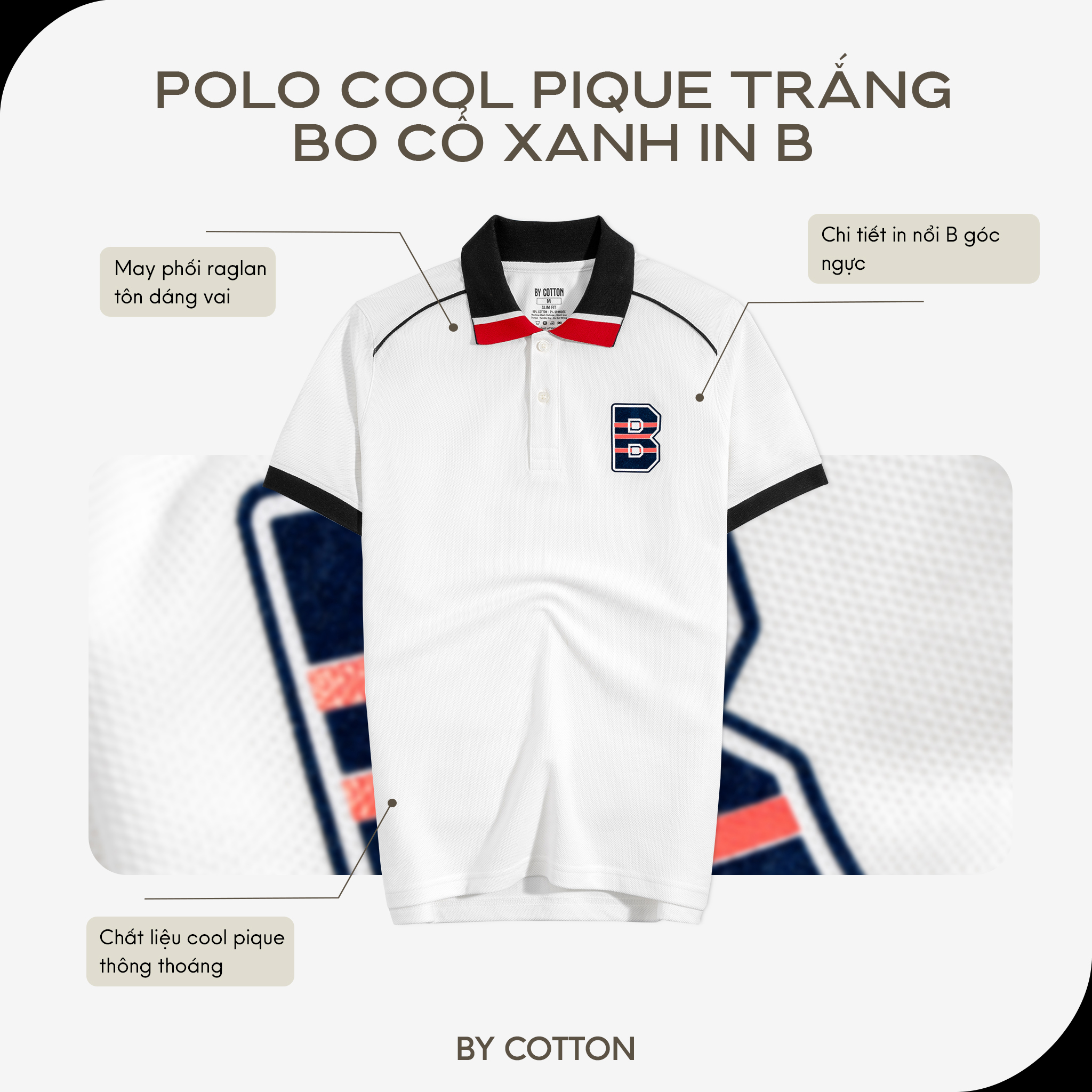 Mô tả Áo Thun Polo Nam Cao Cấp Cool Pique Trắng Bo Cổ Xanh In B By Cotton - 1