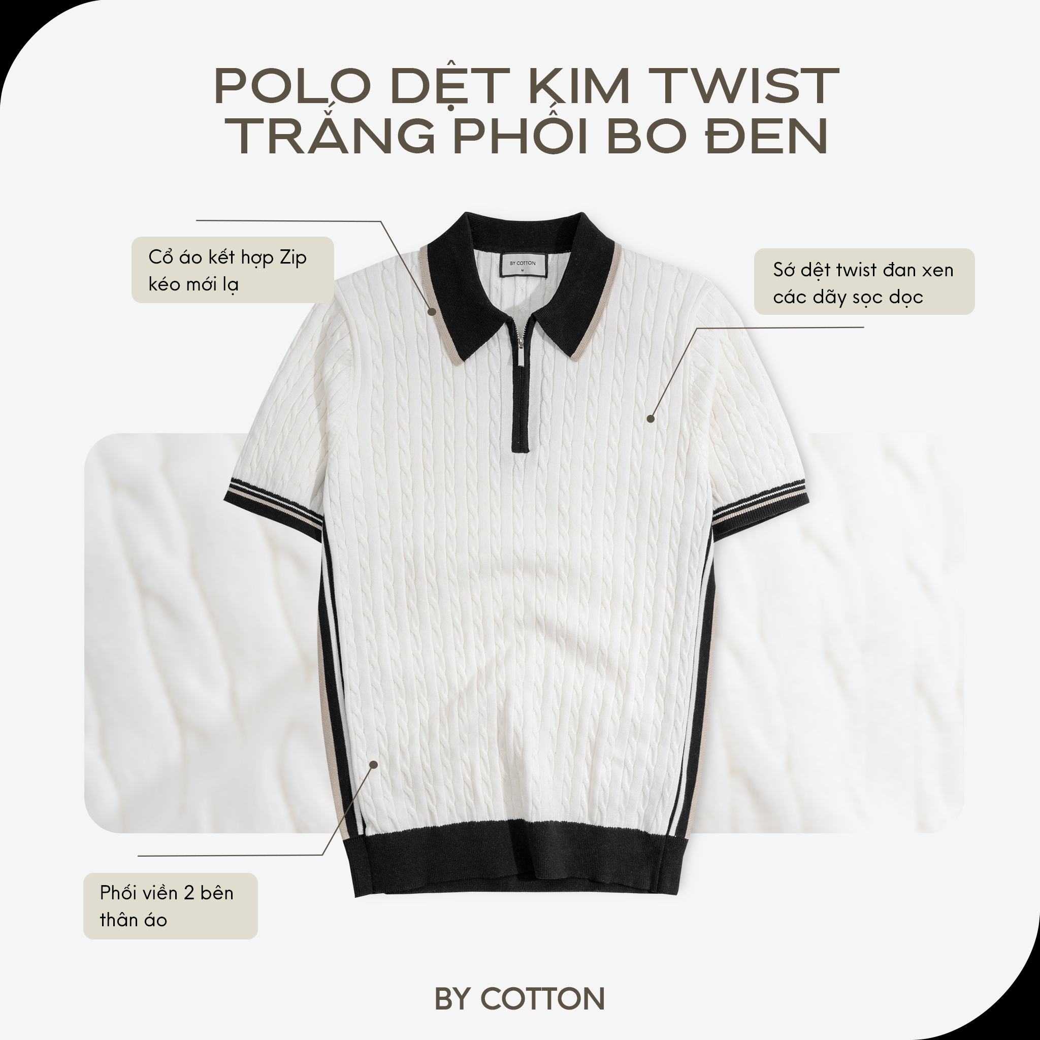 Mô tả Áo Thun Polo Nam By Cotton Cao Cấp Dệt Kim Twist - Trắng Phối Bo Đen - 1