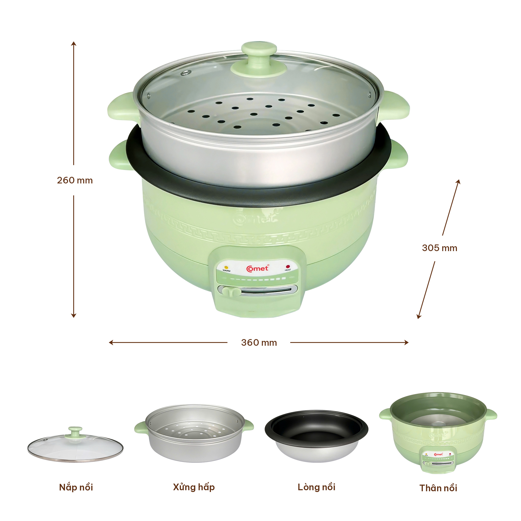 Mô tả Nồi lẩu điện 3.5L kèm xửng hấp lòng nồi tráng chống dính màu xanh bơ COMET - CM7739 - 1