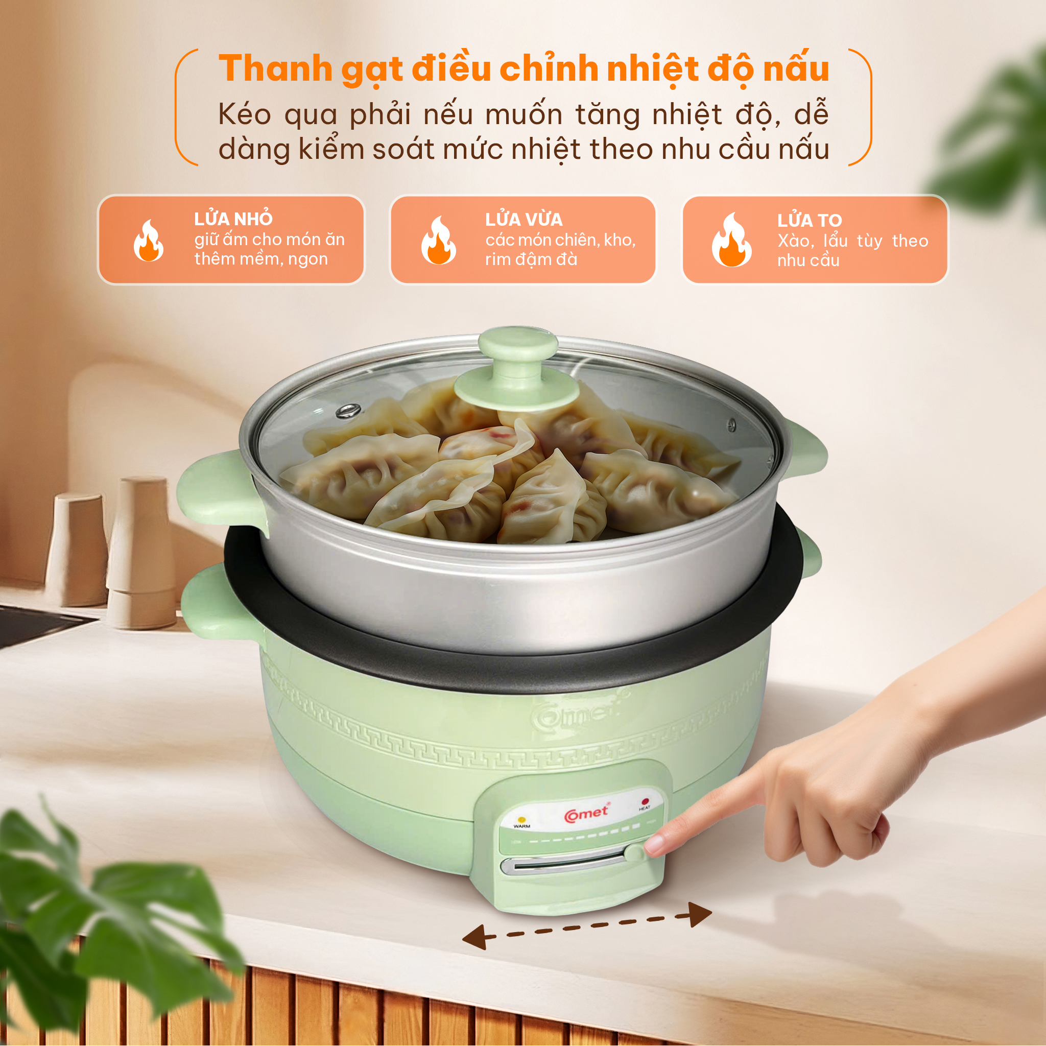 Mô tả Nồi lẩu điện 3.5L kèm xửng hấp lòng nồi tráng chống dính màu xanh bơ COMET - CM7739 - 2
