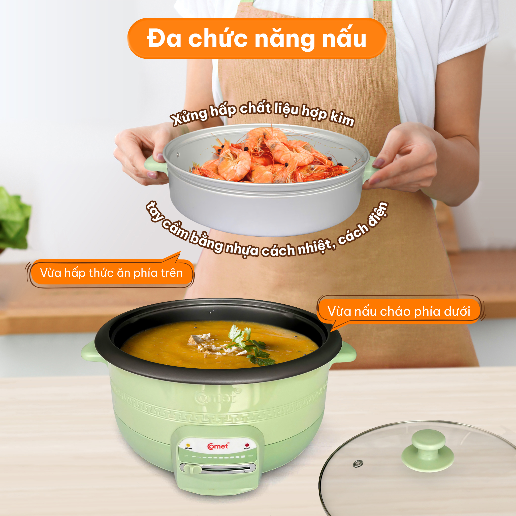 Mô tả Nồi lẩu điện 3.5L kèm xửng hấp lòng nồi tráng chống dính màu xanh bơ COMET - CM7739 - 3