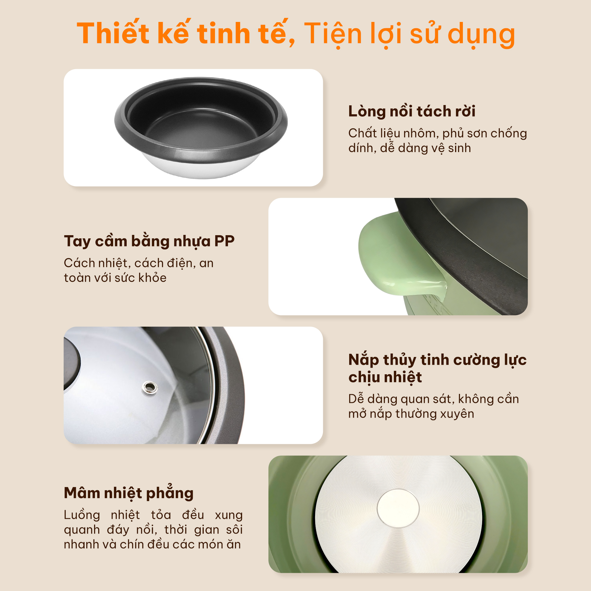 Mô tả Nồi lẩu điện 3.5L kèm xửng hấp lòng nồi tráng chống dính màu xanh bơ COMET - CM7739 - 4