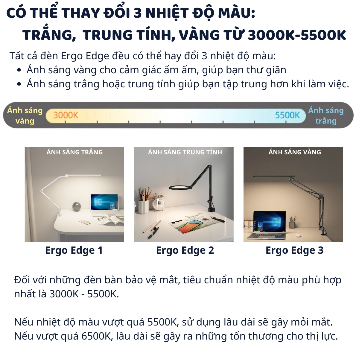 Mô tả Đèn bàn học Led bảo vệ mắt Ergo Edge DandiHome chống cận để học tập, làm việc, có thể kéo dài, gấp gọn - 4 chế độ sáng - 4