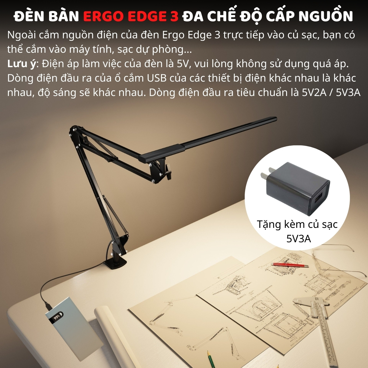 Mô tả Đèn bàn học Led bảo vệ mắt Ergo Edge DandiHome chống cận để học tập, làm việc, có thể kéo dài, gấp gọn - 4 chế độ sáng - 10