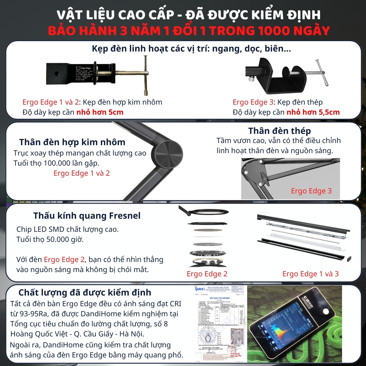 Mô tả Đèn bàn học Led bảo vệ mắt Ergo Edge DandiHome chống cận để học tập, làm việc, có thể kéo dài, gấp gọn - 4 chế độ sáng - 11