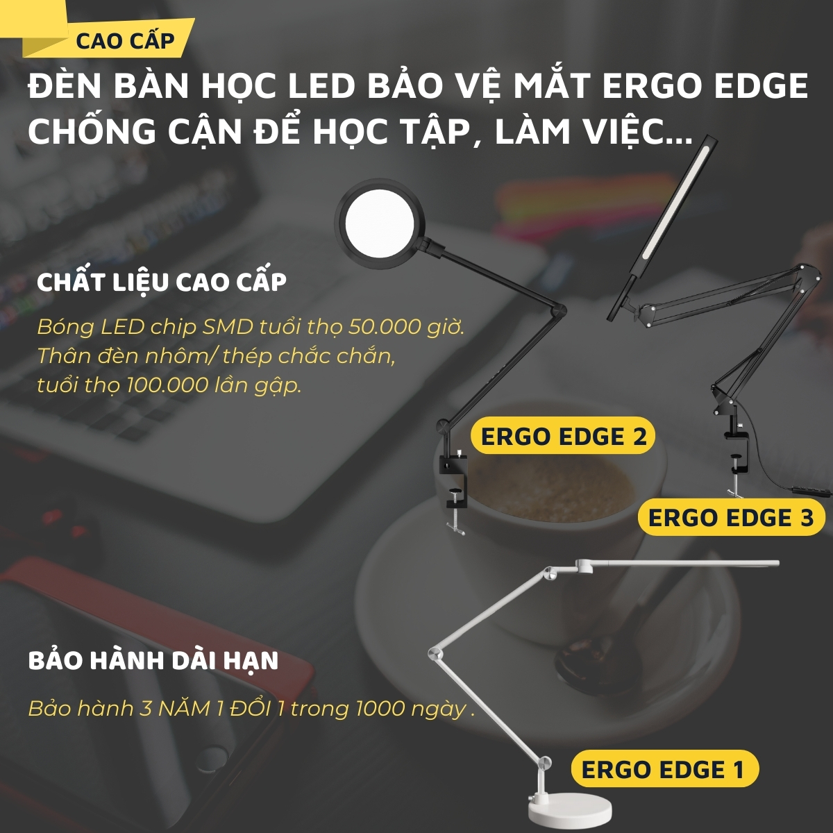 Mô tả Đèn bàn học Led bảo vệ mắt Ergo Edge DandiHome chống cận để học tập, làm việc, có thể kéo dài, gấp gọn - 4 chế độ sáng - 1