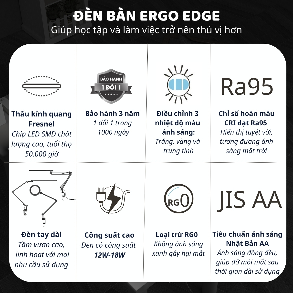 Mô tả Đèn bàn học Led bảo vệ mắt Ergo Edge DandiHome chống cận để học tập, làm việc, có thể kéo dài, gấp gọn - 4 chế độ sáng - 3