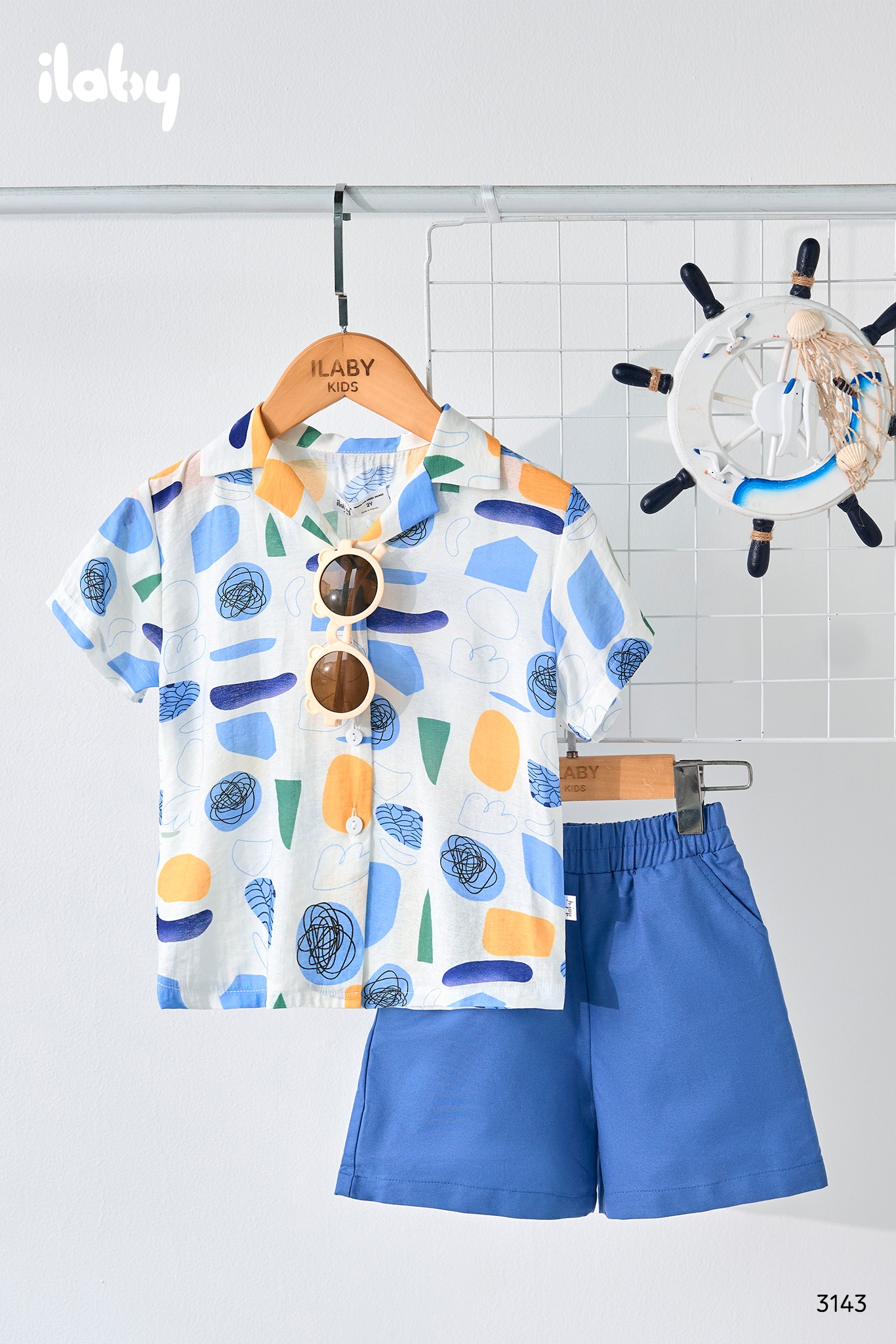Mô tả Bộ đồ bé trai ILABY sơ mi tay ngắn họa tiết kèm quần short cotton mềm mát thoáng khí dễ thương mùa hè [3143] - 1