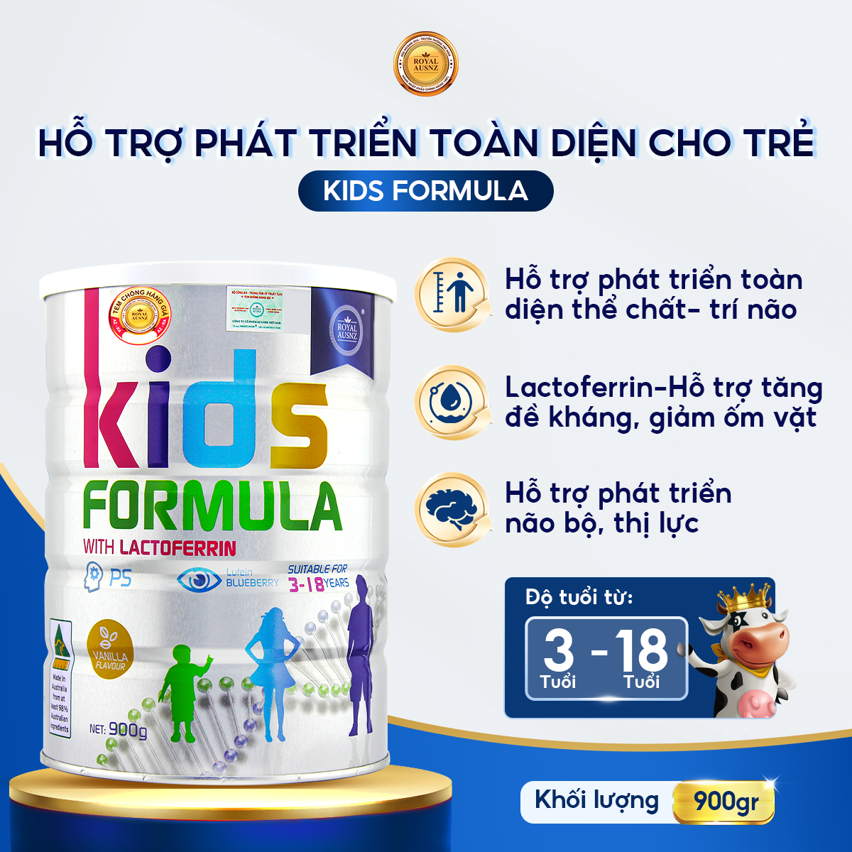 Mô tả COMBO 2 Sữa Hoàng Gia Úc ROYAL AUSNZ Kids Formula Cho Trẻ 3 - 18 Tuổi (Hộp 900g) - 1