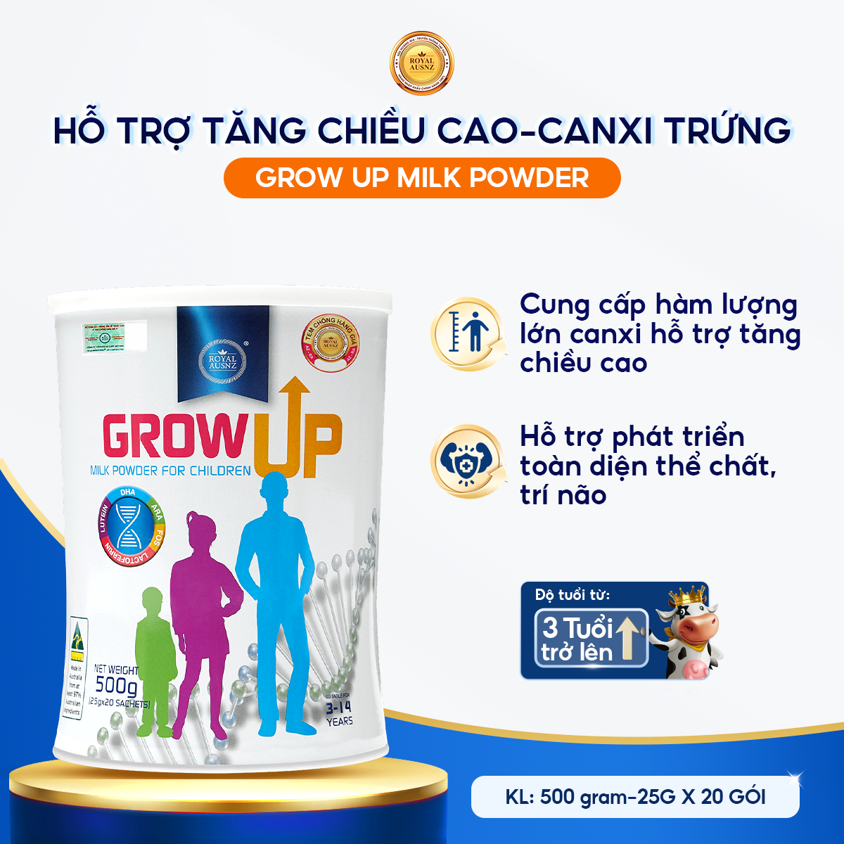 Mô tả Combo 3 Hộp Sữa Hoàng Gia Úc ROYAL AUSNZ Grow Up Cho Trẻ Từ 3-14 Tuổi (Hộp 20 gói x25g) - 1