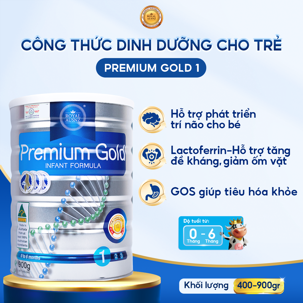Mô tả Combo 2 Sữa Hoàng Gia Úc ROYAL AUSNZ Premium Gold 1 Hộp 400g - 900g - 1