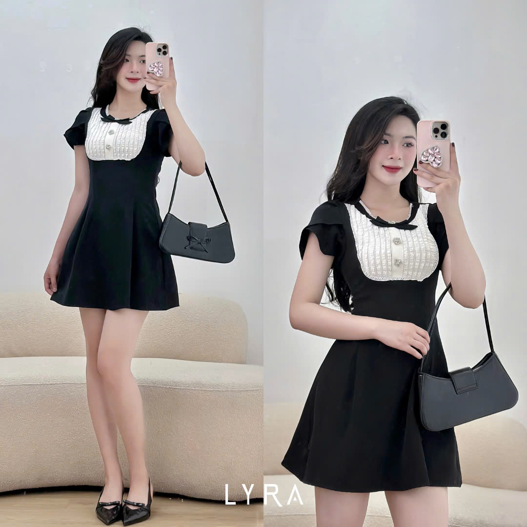 Mô tả LYRA DESIGN - Váy đầm nữ ngắn tay thiết kế cổ trắng phối nơ đính đá thanh lịch nữ tính LYRA Design - LWNVD016 - 1