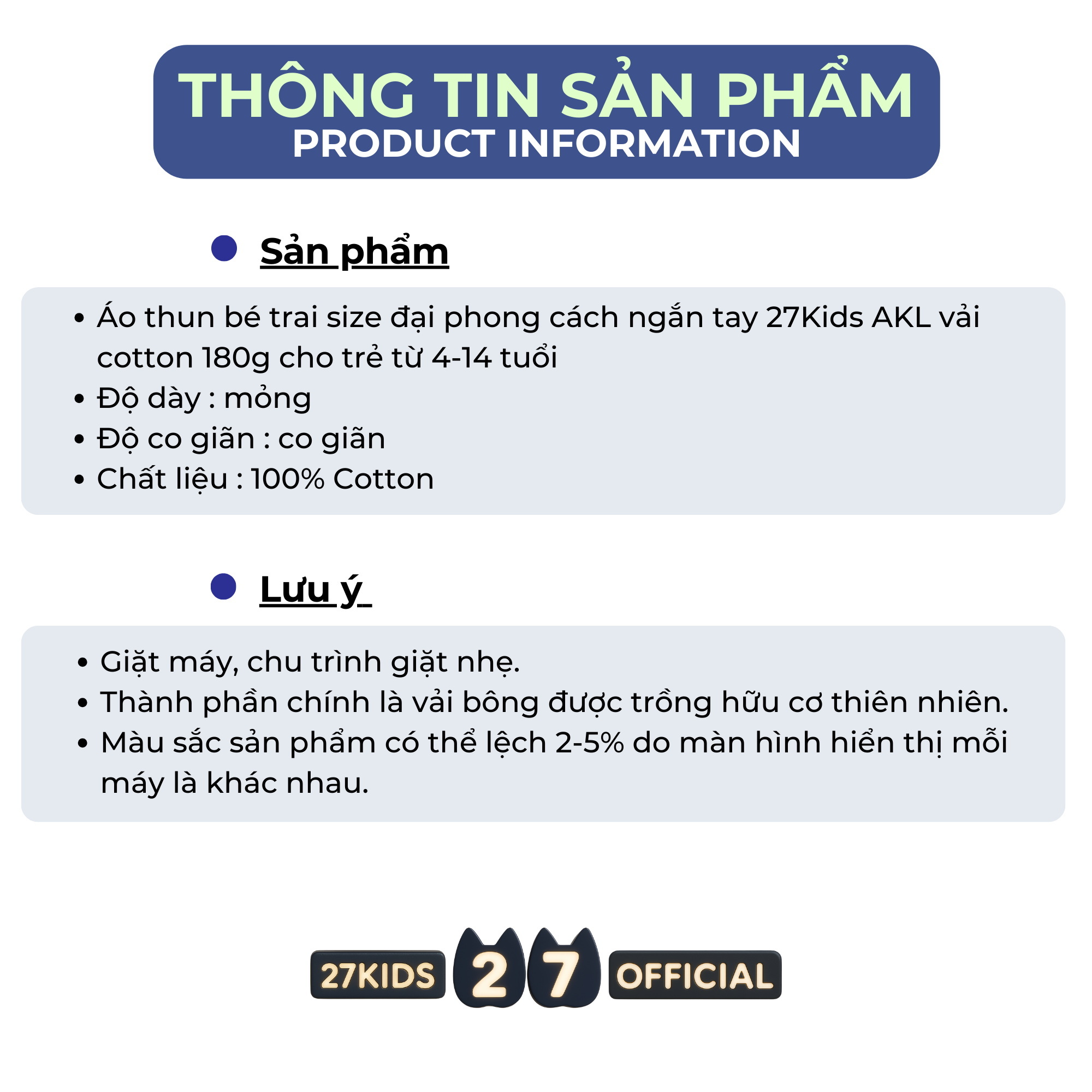 Mô tả Áo thun bé trai size đại phong cách ngắn tay 27Kids AKL vải cotton 180g cho trẻ từ 4-14  tuổi BSTS1 - 2