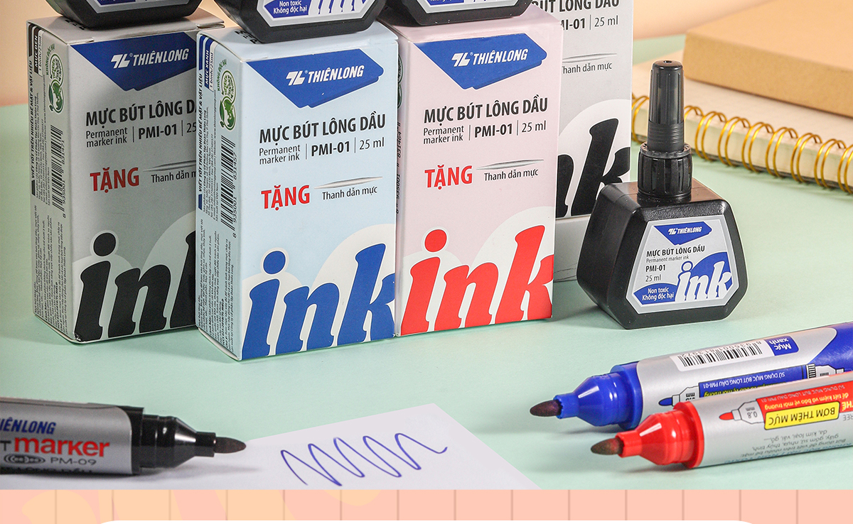 Mô tả Mực bút lông dầu Thiên Long PMI-01 gồm 3 màu mực: Xanh/ Đỏ/ Đen, bám dính tốt, không độc hại theo tiêu chuẩn Châu Âu - 2