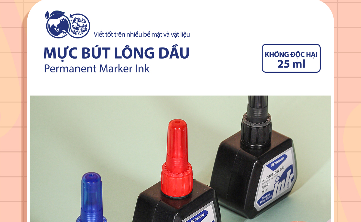 Mô tả Mực bút lông dầu Thiên Long PMI-01 gồm 3 màu mực: Xanh/ Đỏ/ Đen, bám dính tốt, không độc hại theo tiêu chuẩn Châu Âu - 3