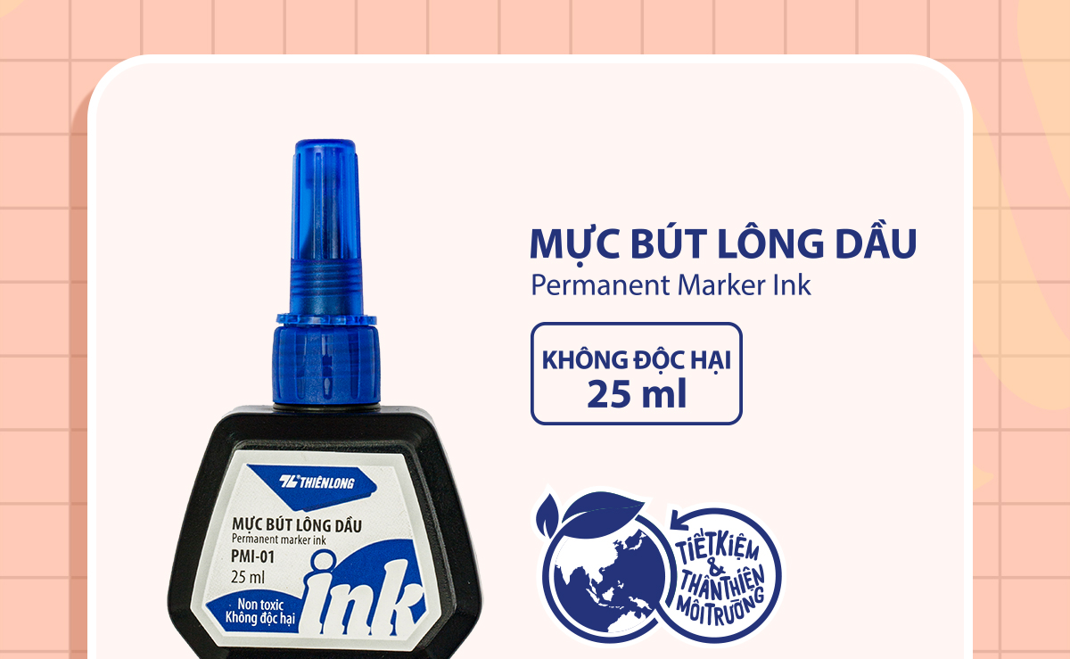 Mô tả Mực bút lông dầu Thiên Long PMI-01 gồm 3 màu mực: Xanh/ Đỏ/ Đen, bám dính tốt, không độc hại theo tiêu chuẩn Châu Âu - 9