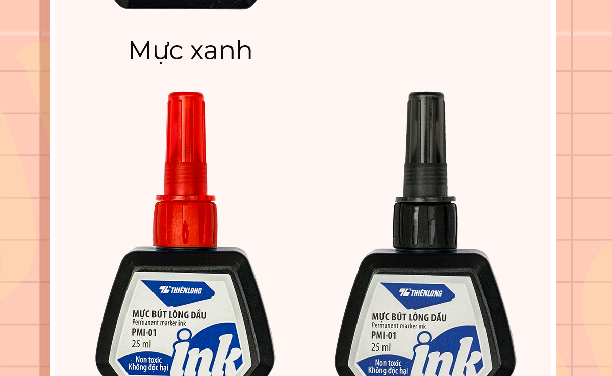 Mô tả Mực bút lông dầu Thiên Long PMI-01 gồm 3 màu mực: Xanh/ Đỏ/ Đen, bám dính tốt, không độc hại theo tiêu chuẩn Châu Âu - 10