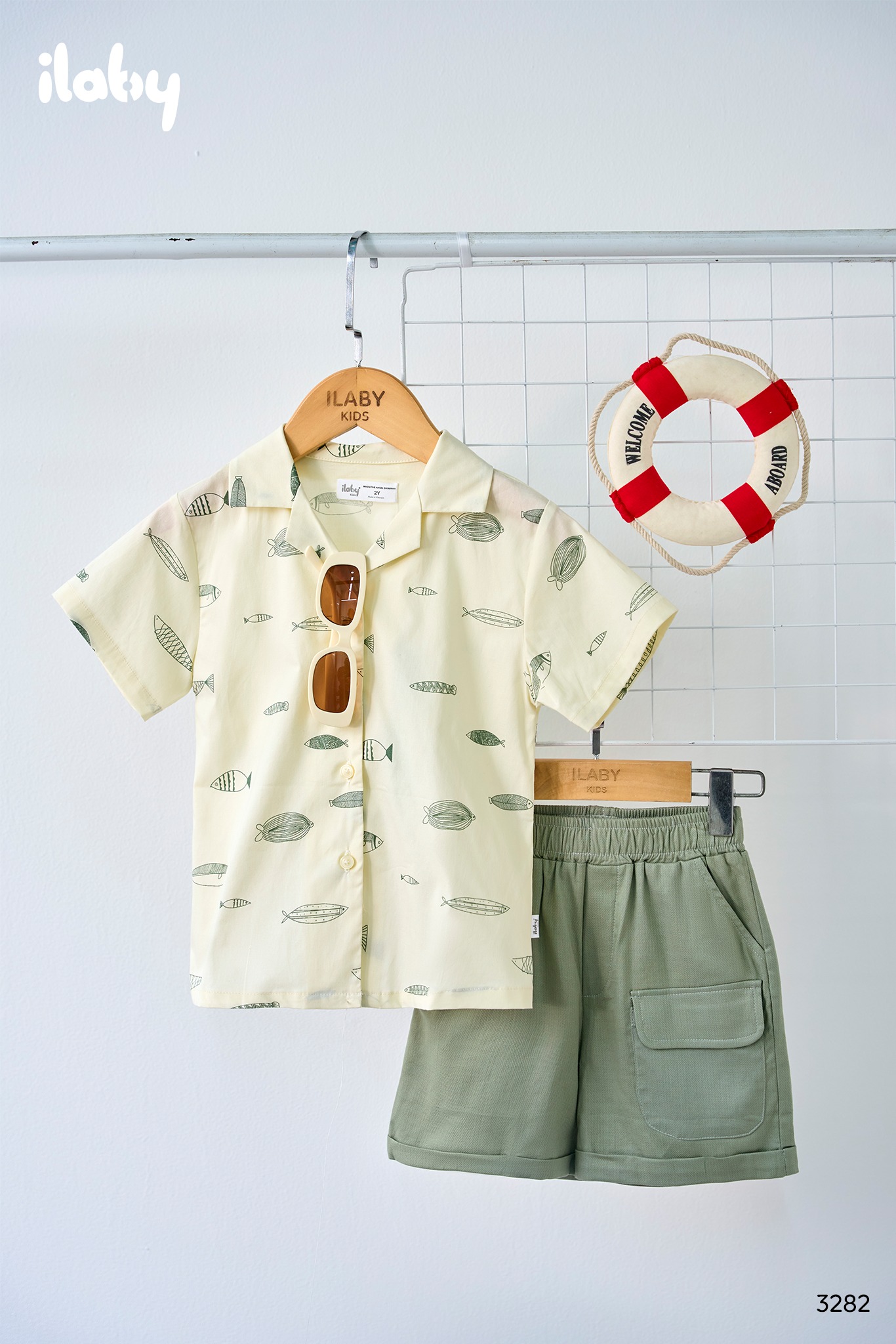 Mô tả Bộ đồ bé traiILABY  sơ mi ngắn tay họa tiết cá chất liệu cotton thoáng mát kèm quần short túi hộp [3282] - 1
