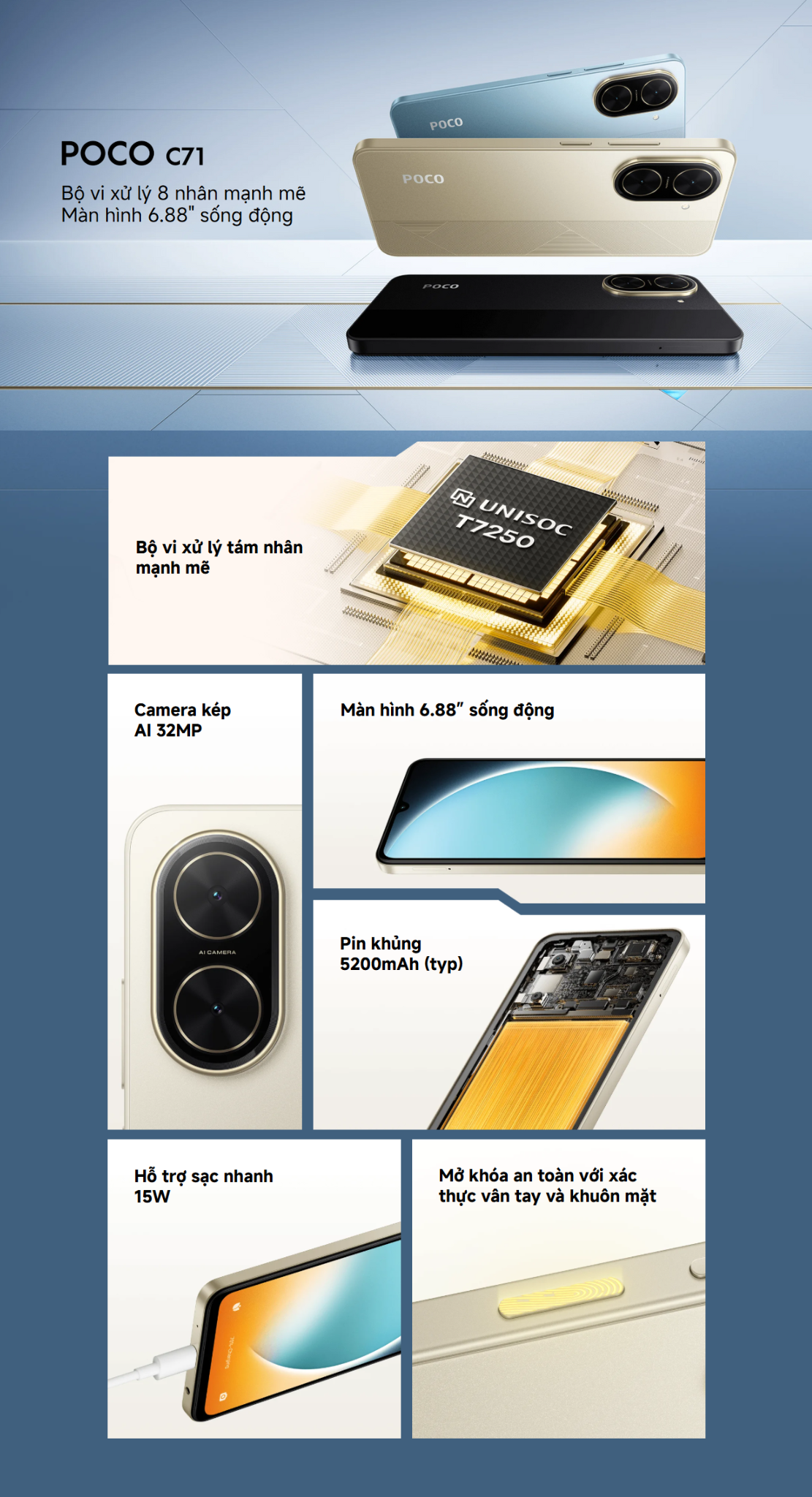 Mô tả Điện Thoại Thông Minh POCO C71 (3+64GB) | Màn rộng 6,88" | Vi xử lý 8 nhân | Camera kép 32MP AI | Mở khóa mặt, vân tay - 1