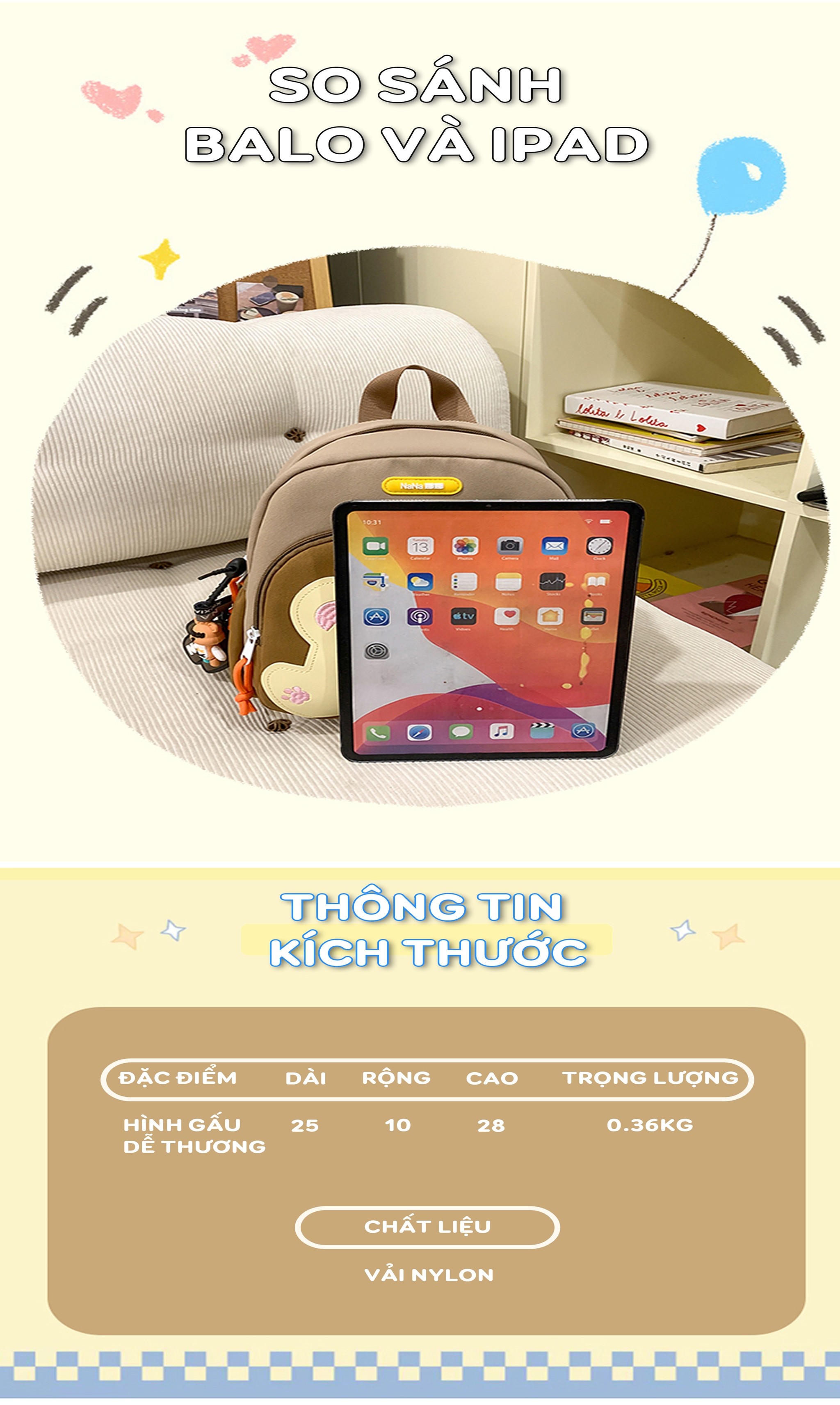 Mô tả Balo Trẻ Em SUNNY BL01 Hình Gấu Dễ Thương – Dùng Cho Bé Mầm Non & Tiểu Học – Quai Êm – Chống Thấm - 3
