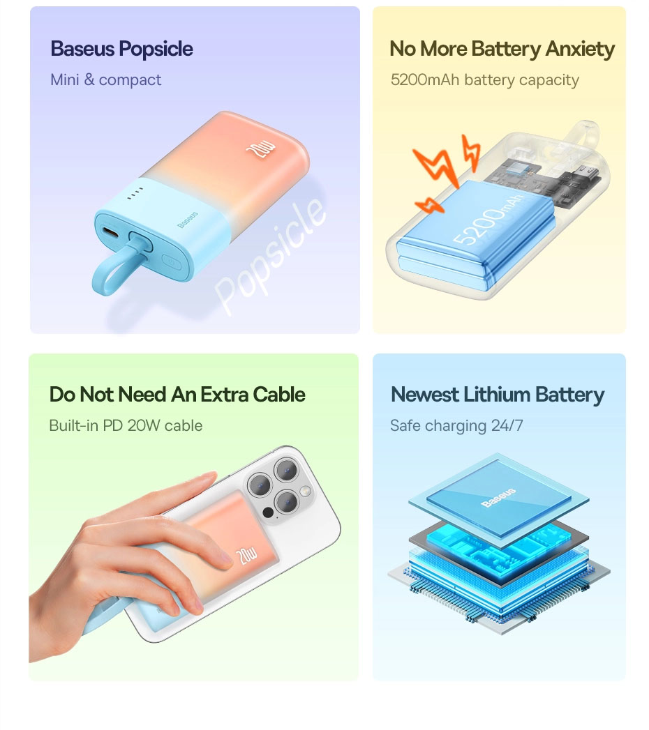 Sạc Dự Phòng Baseus Popsicle 5200mAh 20W | Kèm Sẵn Dây Sạc, Tùy Chọn ...