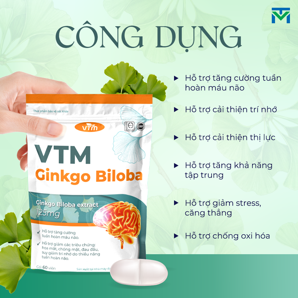 Mô tả Viên uống bổ não VTM Ginkgo Biloba cải thiện trí nhớ tăng cường tư duy - túi 60 viên - 3