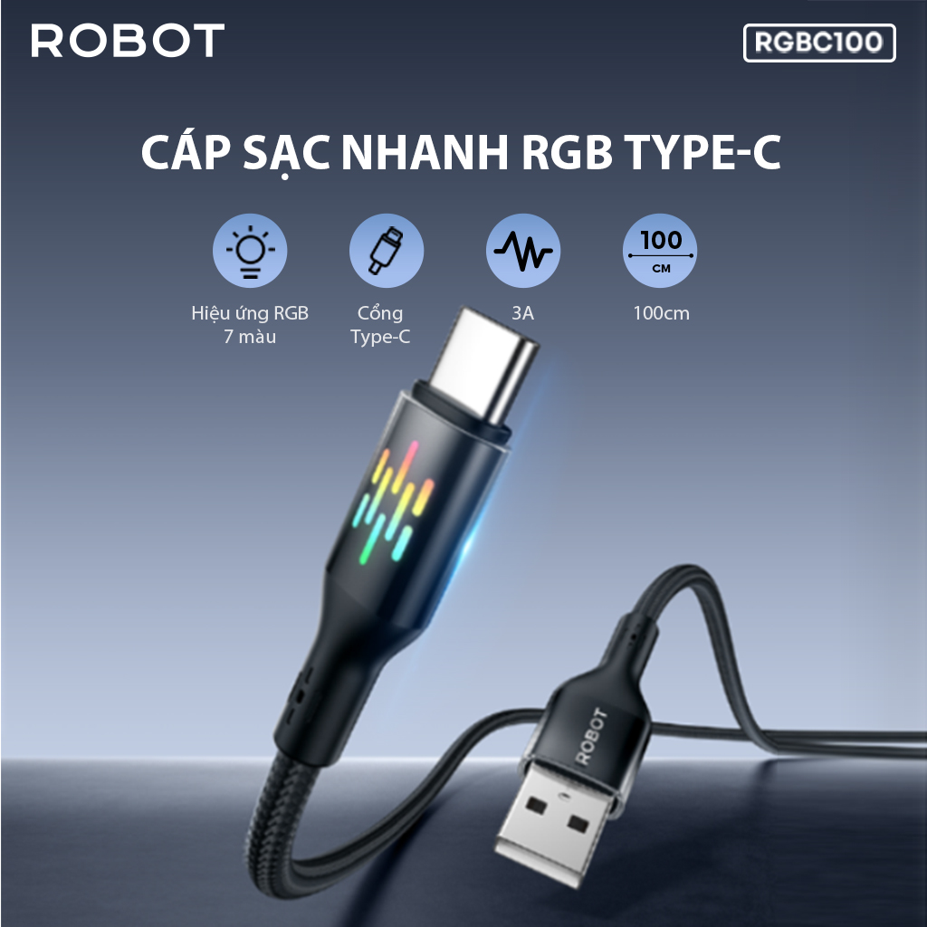 Mô tả Cáp Sạc Nhanh Robot RGBL100/ RGBC100 Hiệu Ứng RGB 7 Màu Chống Xoắn Rối, Sạc Và Truyền Dữ Liệu Đồng Thời - 1