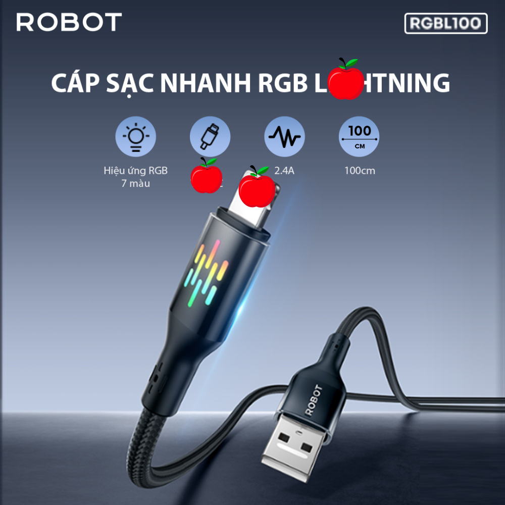 Mô tả Cáp Sạc Nhanh Robot RGBL100/ RGBC100 Hiệu Ứng RGB 7 Màu Chống Xoắn Rối, Sạc Và Truyền Dữ Liệu Đồng Thời - 2