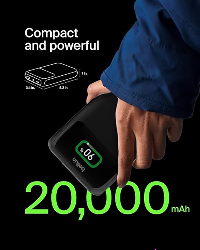 Mô tả Pin sạc dự phòng Belkin Polymer Pocket Power 20,000 mAh, sạc nhanh 65w PD màn hình hiển thị pin - 2