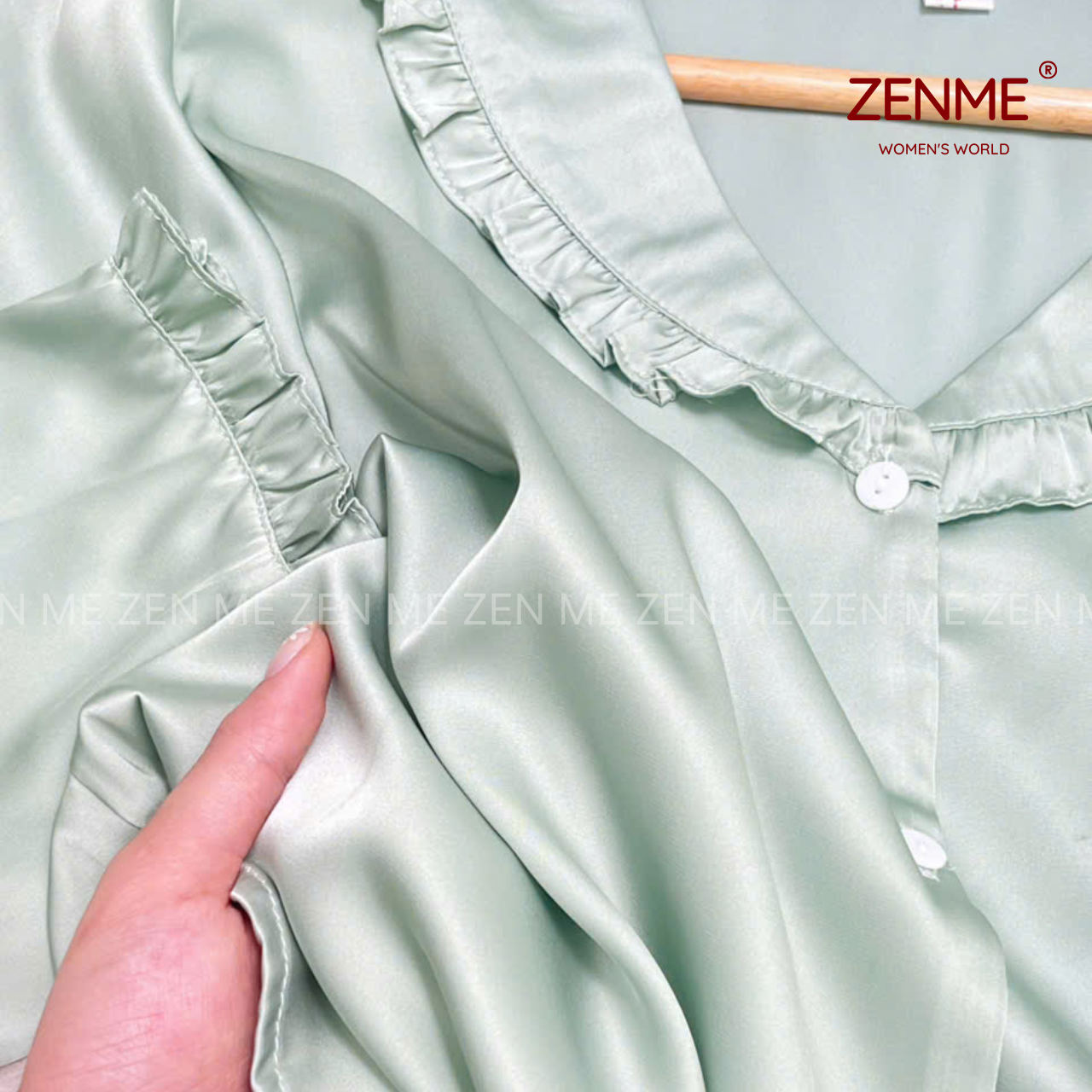Mô tả Đồ Ngủ Lụa Latin Cao Cấp Zen Me Thiết Kế Cổ Bèo Dài Tay Quần Dài Áo Babydoll PJB1024 - 8