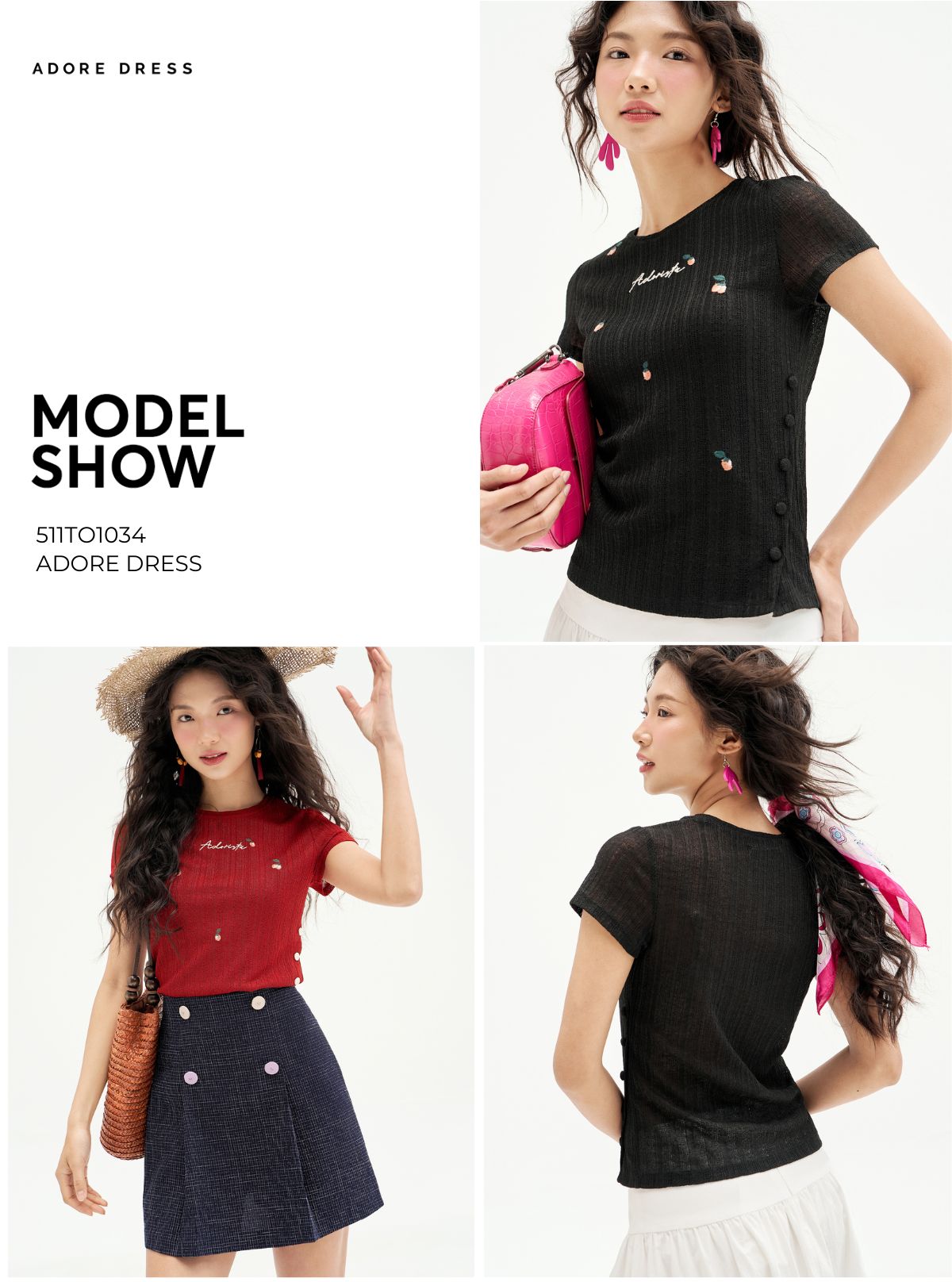 Mô tả 511TO1034 - Áo top len ren đỏ cam thêu random khuy sườn ADORE DRESS - 1