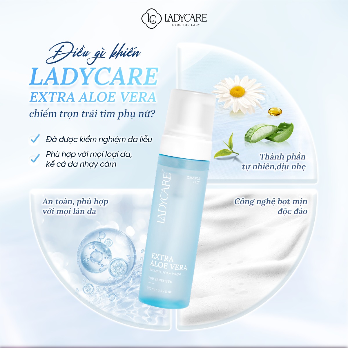 Mô tả Dung Dịch Vệ Sinh Phụ Nữ Dạng Bọt Ladycare Extra Aloe Vera Da Nhạy Cảm, Duy Trì Độ pH Tự Nhiên 190ml - 3