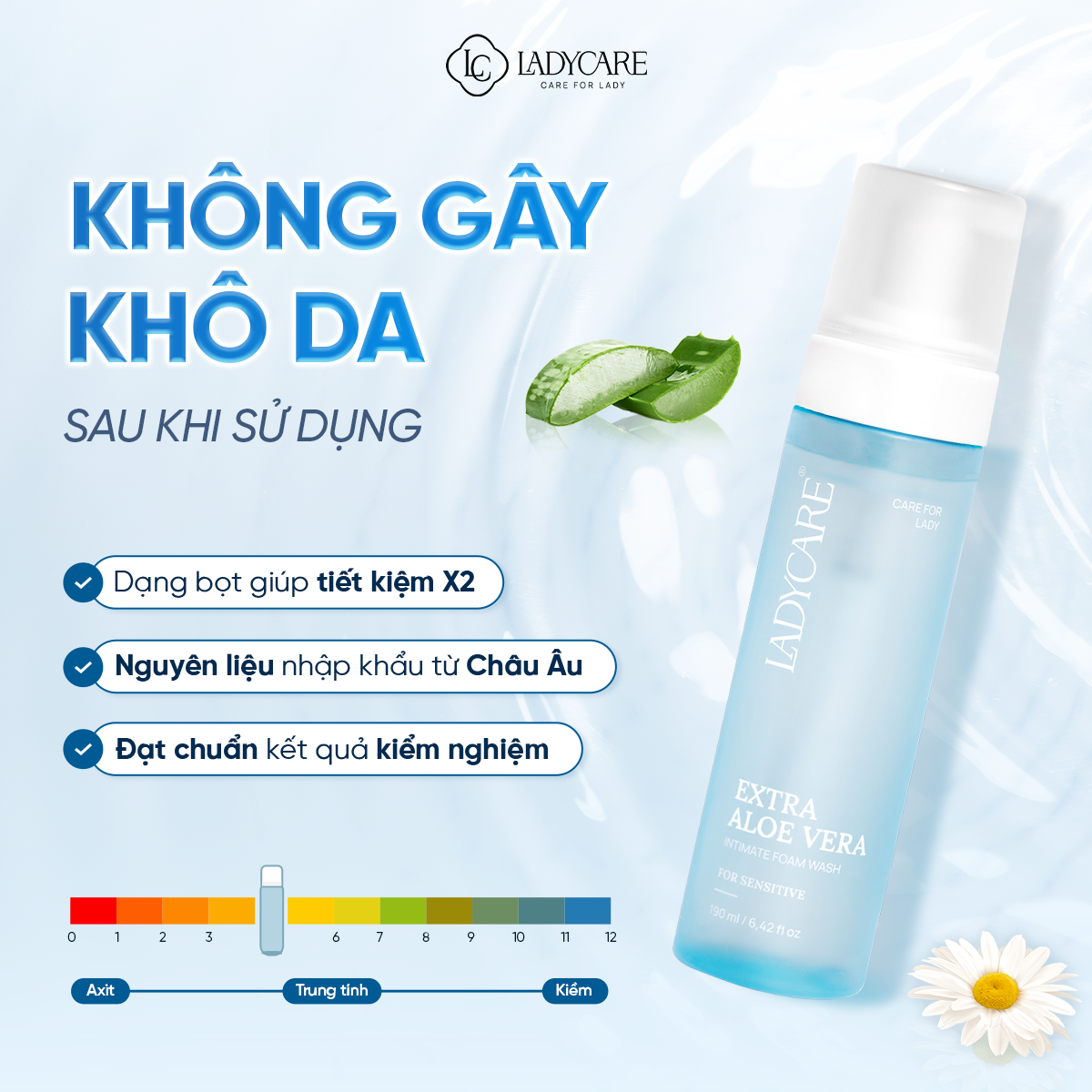 Mô tả Dung Dịch Vệ Sinh Phụ Nữ Dạng Bọt Ladycare Extra Aloe Vera Da Nhạy Cảm, Duy Trì Độ pH Tự Nhiên 190ml - 7