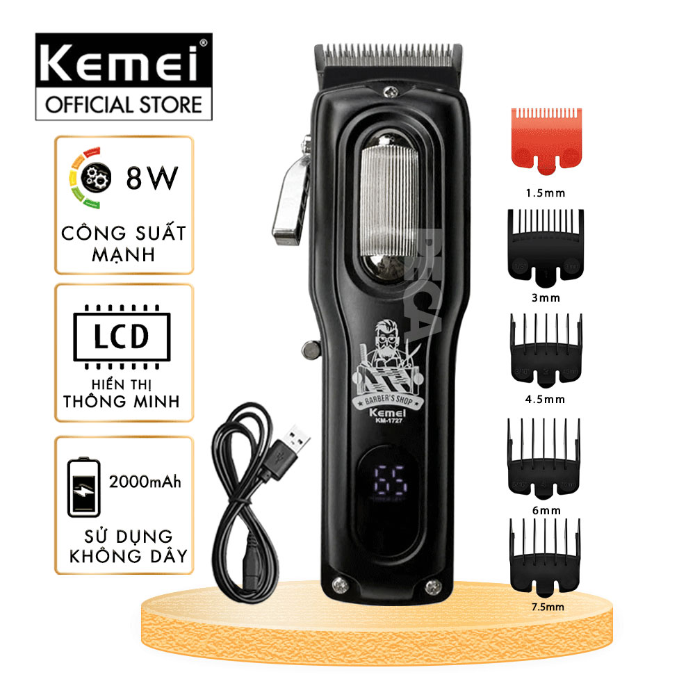 Mô tả Tông đơ cắt tóc chuyên nghiệp Kemei KM-1727 công suất mạnh 8W màn hình LCD sạc nhanh USB tiện lợi - Chính hãng - 1