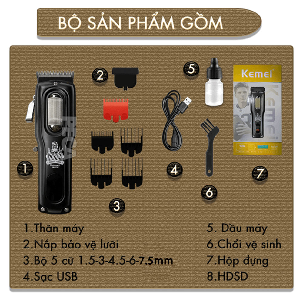 Mô tả Tông đơ cắt tóc chuyên nghiệp Kemei KM-1727 công suất mạnh 8W màn hình LCD sạc nhanh USB tiện lợi - Chính hãng - 10