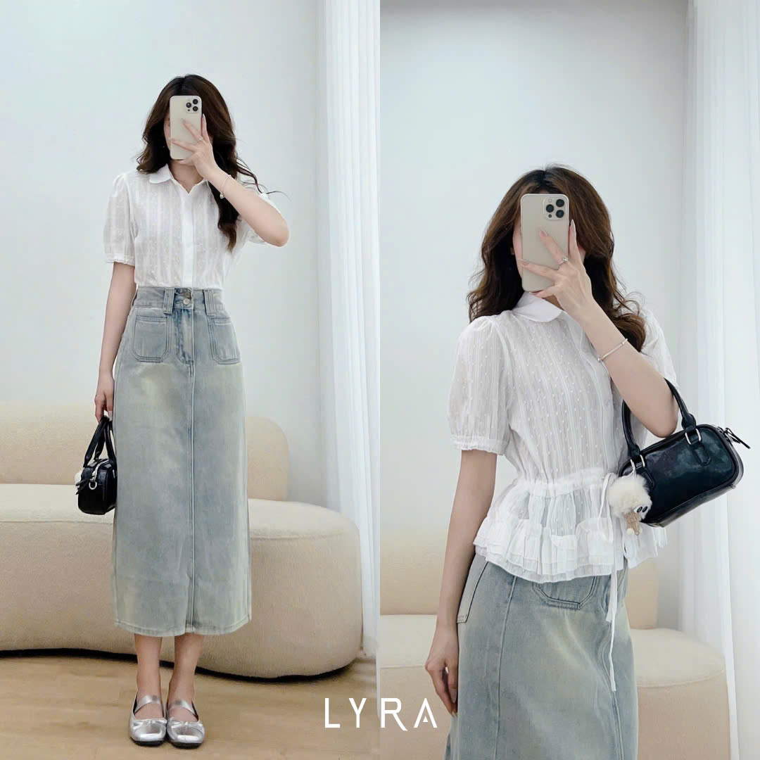 Mô tả LYRA - Áo cách điệu rút dây eo tay ngắn phối bèo - CSYAC0289 - 1