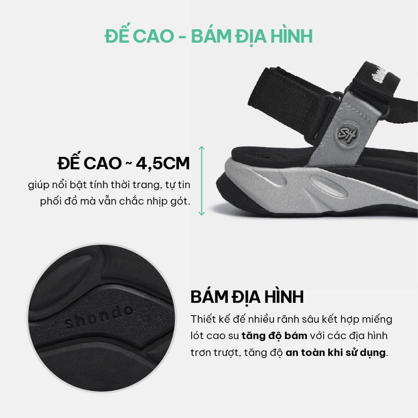 Mô tả Giày Sandal Nam Nữ F8M Êm Chân, Bền Màu Đen Xám Shondo F8M0110 - 7