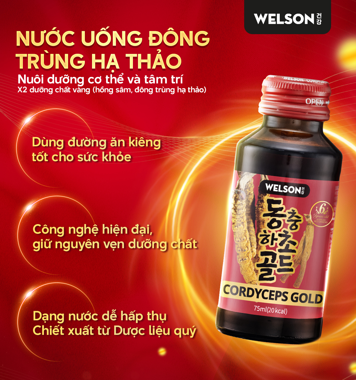 Mô tả Nước Uống Đông Trùng Hạ Thảo Welson Cordyceps Gold Hộp 10 Chai x 75ml [3Hộpx10c x75ml] - 1