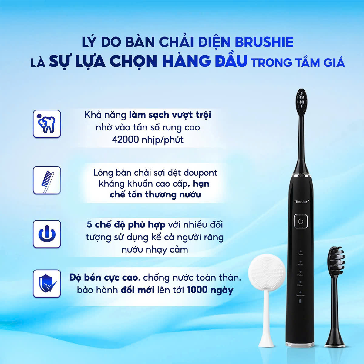 Mô tả Bàn chải điện Brushie Ultra Plus x5 chế độ làm sạch, tích hợp kèm đầu rửa mặt tiện lợi, bảo hành 1 đổi 1 trong 1000 ngày - 2